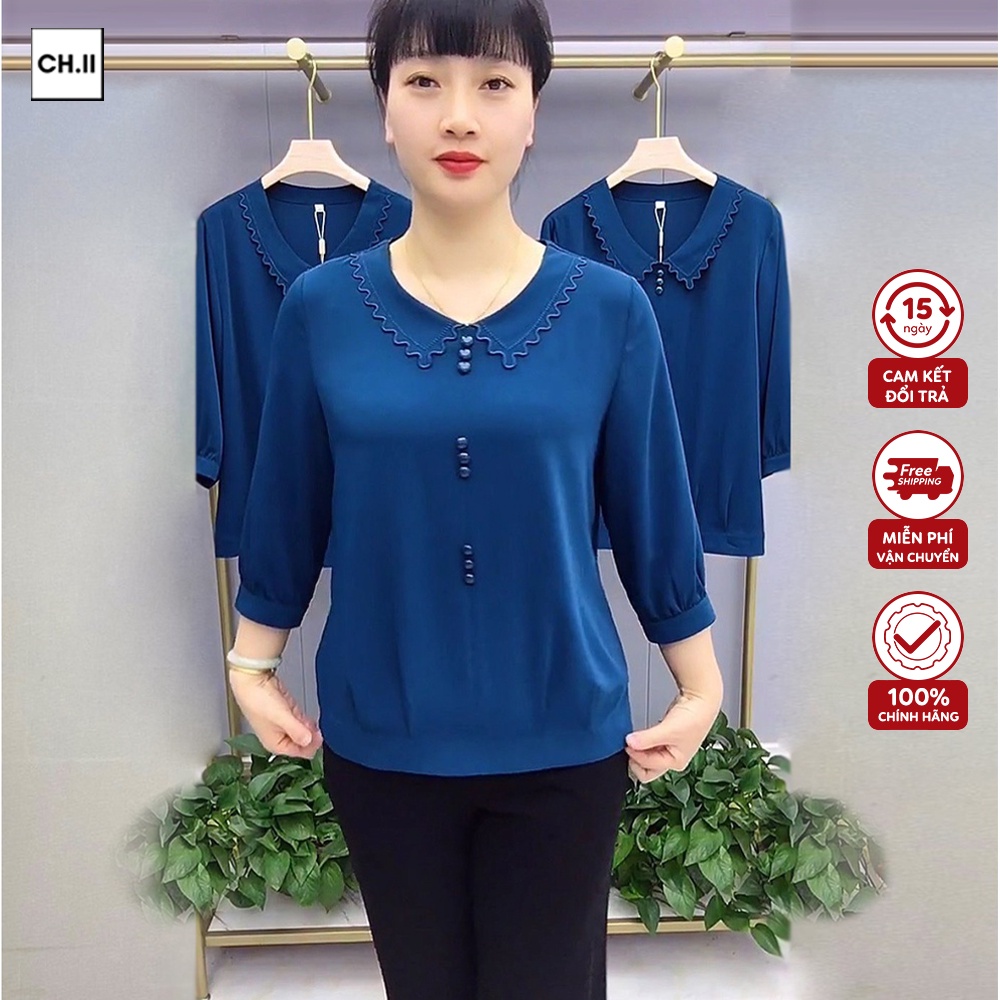 Áo trung niên tay lửng sang trọng thiết kế cao cấp cổ thêu chất Umi Hàn co giãn thoải mái