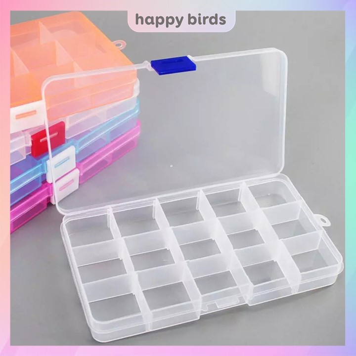 Hộp nhựa chia ngăn đa năng 15 ô tháo rời có nắp đựng phụ kiện trang sức chia đồ câu cá Happy Birds