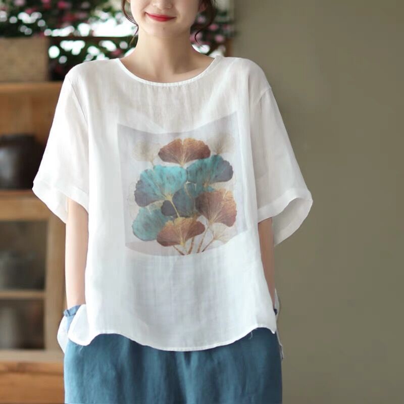 Áo Thun 55% Cotton Linen Mỏng Dáng Rộng Tay Cộc In Họa Tiết Cổ Điển Thoải Mái Mùa Hè Kiểu Dáng Mới Cho Nữ