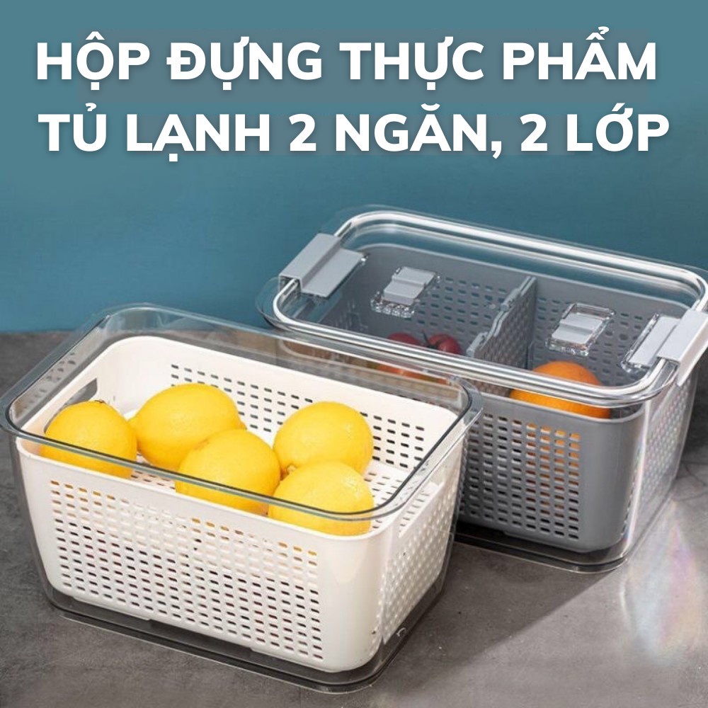 (Tặng Kèm)Hộp Nhựa Đựng Thực Phẩm Tủ Lạnh 2 Lớp Có Lỗ Thoát Nước Khóa Thoát Khí Dễ Dàng Bảo Quản Rau Củ