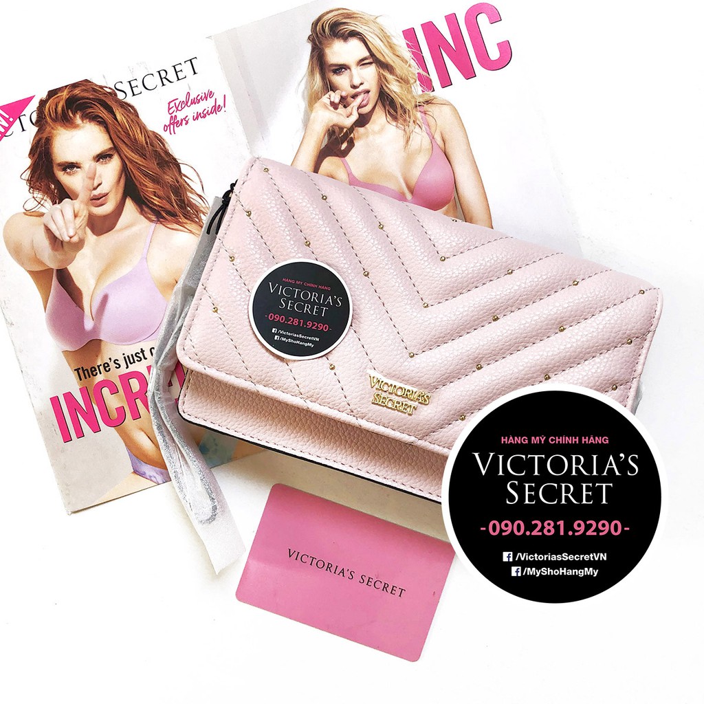 (Bill Mỹ) Ví cầm tay (264) hồng lợt đính hạt, nhiều ngăn nhỏ bên trong, KT: 17x13cm - Victoria's Secret USA