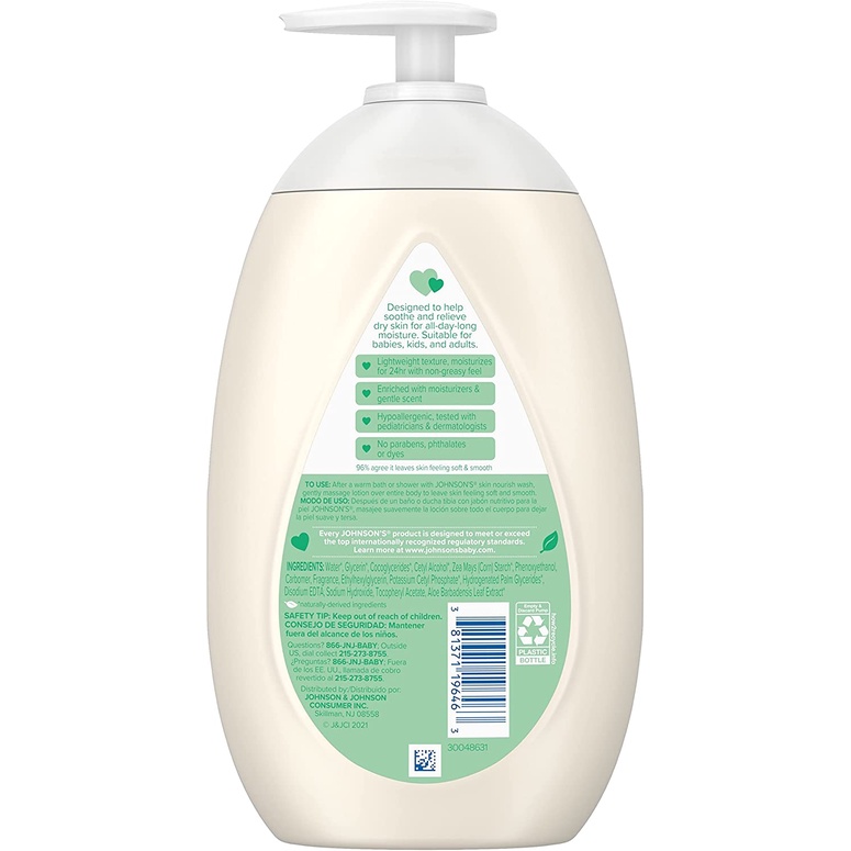 Dưỡng thể giữ ẩm da cho trẻ Johnson's Skin Nourish Moisturizing Baby Lotion with Aloe Vera Scent & Vitamin E 500ml