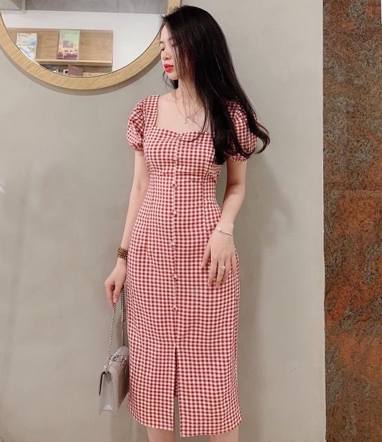 Đầm Nữ Caro Cổ Vuông Cột Nơ