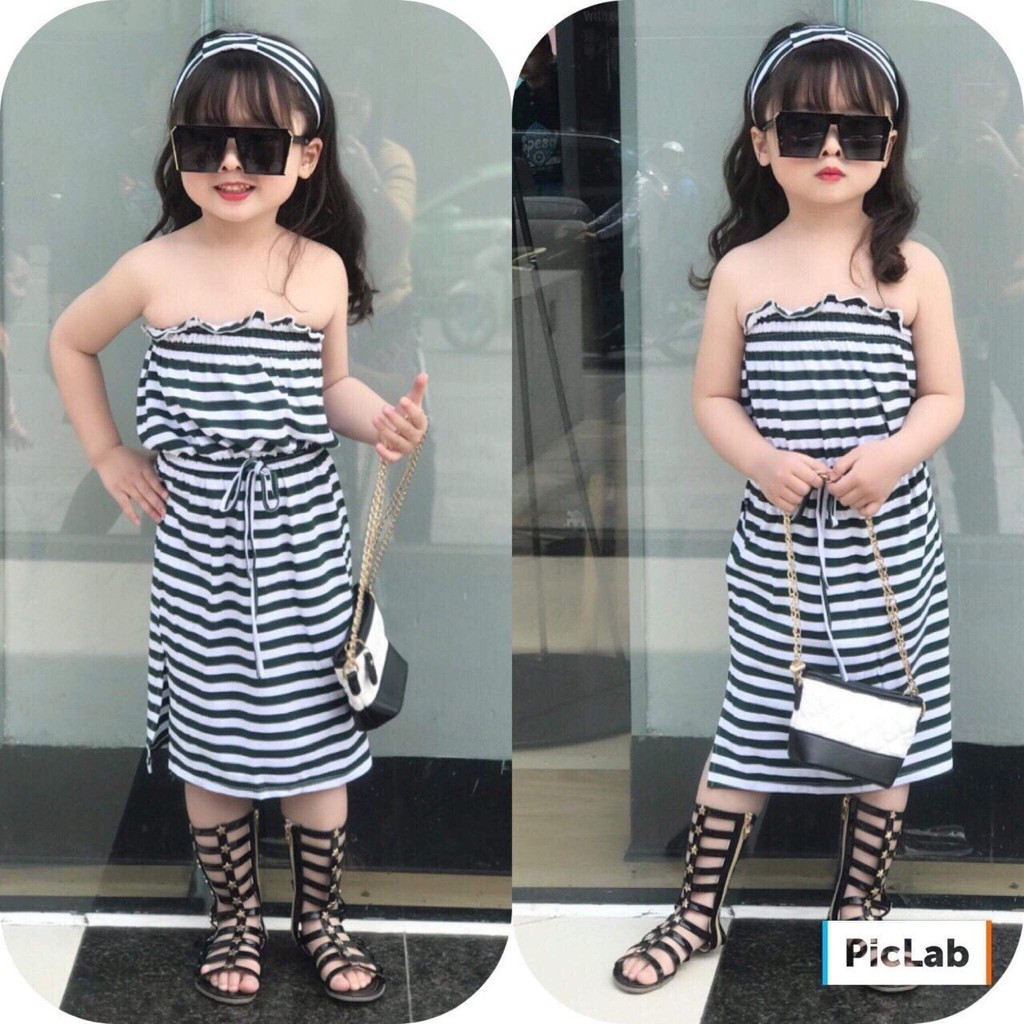 Đầm ống sọc ngang dễ thương cho bé gái. Bộ sản phẩm gồm đầm kèm băng đô cho bé địu đà chanh xả luôn nhá