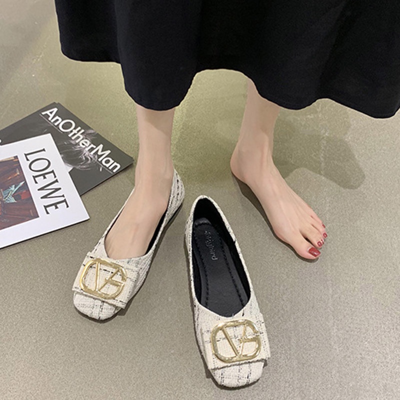Giày búp bê IELGY mũi vuông đế bằng phong cách cổ điển thời trang cho nữ