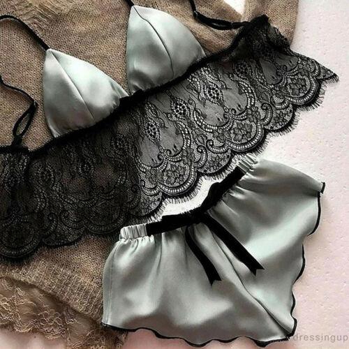 Bộ áo ngực cổ xẻ V và quần ngắn ngủ phi bóng gợi cảm cho nữ