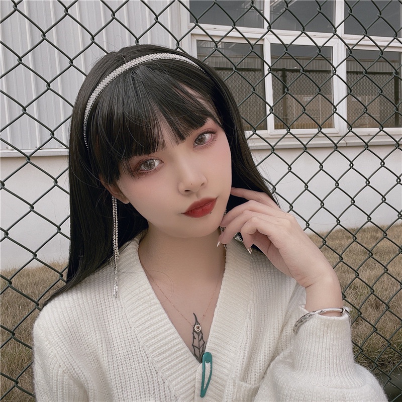 Tóc giả dài thẳng tay lửng phối tua rua pha lê có thể tháo rời cho nữ