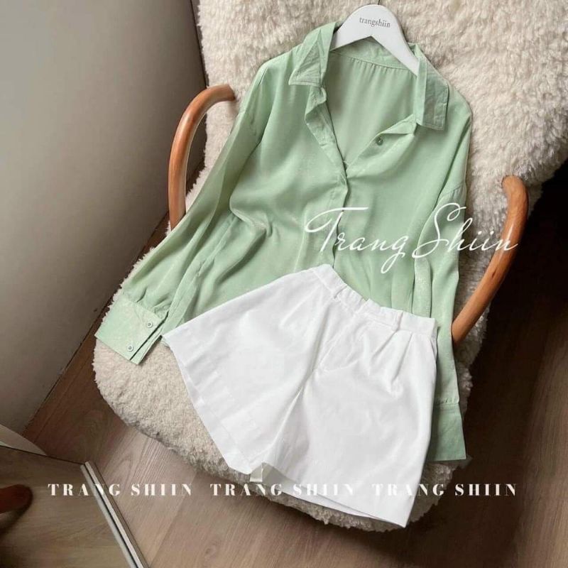 SET SƠ MI XANH BƠ NÚT LƯNG +  QUẦN SHORT TRẮNG