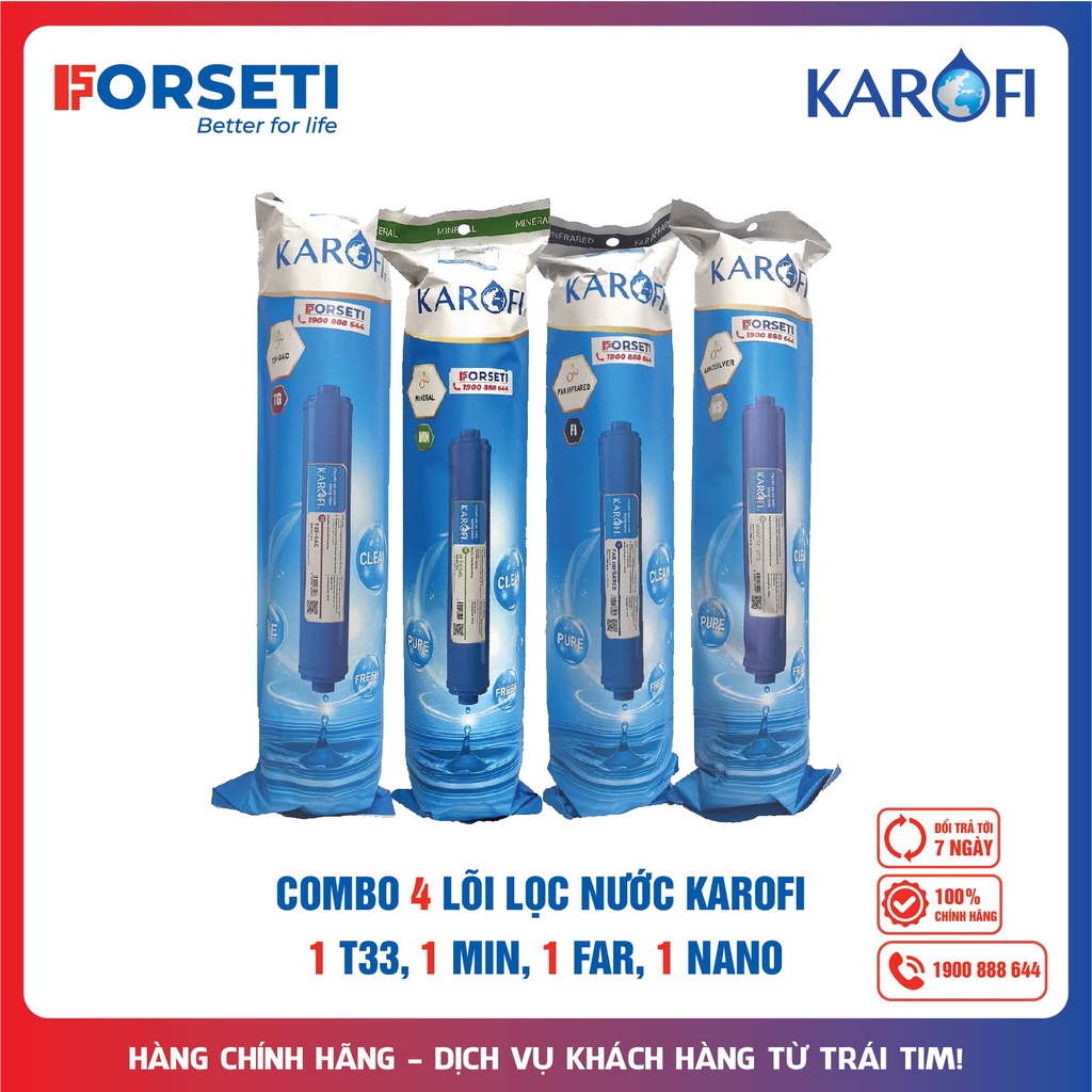 Combo 4 lõi lọc nước chức năng Karofi 5,6,7.8 chính hãng ( GAC-T33, Khoáng đá, Hồng ngoại xa, Nano bạc )