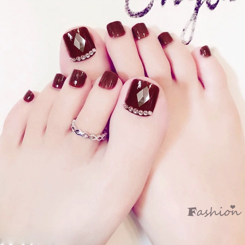 [Hàng mới về] Set 24 móng tay giả đính kim cương giả tông màu đỏ rượu vang sành điệu