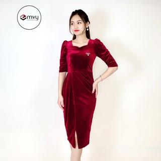 Váy body nhung tuyết ly eo tay bồng tặng kèm tag cài Emvy - K19