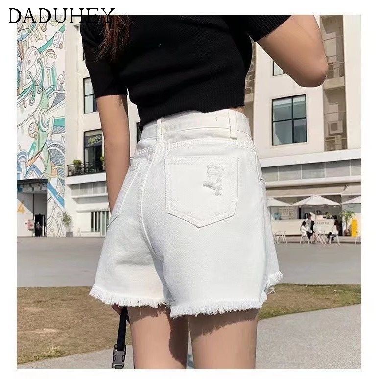 Quần ngắn daduhey vải denim eo cao dáng rộng viền rách thời trang mùa hè 2022 dành cho quý cô