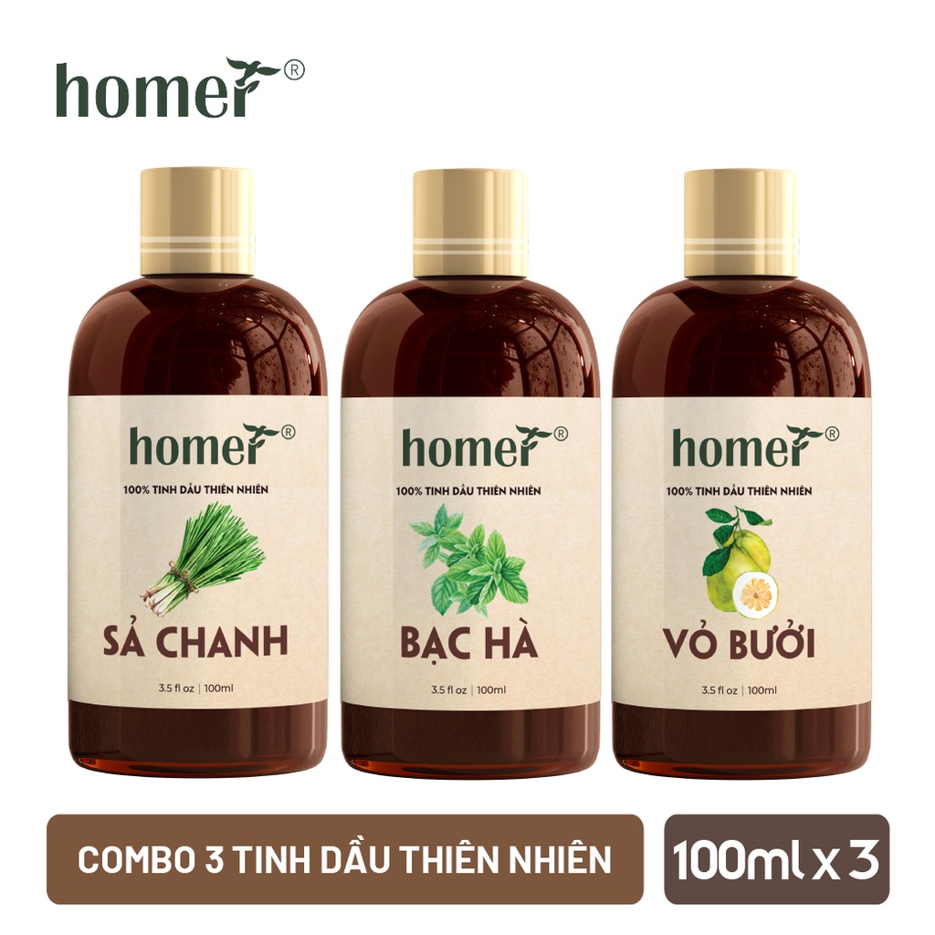 Combo 3 tinh dầu Sả Chanh + Bạc Hà + Vỏ Bưởi Homer 20ml/chai