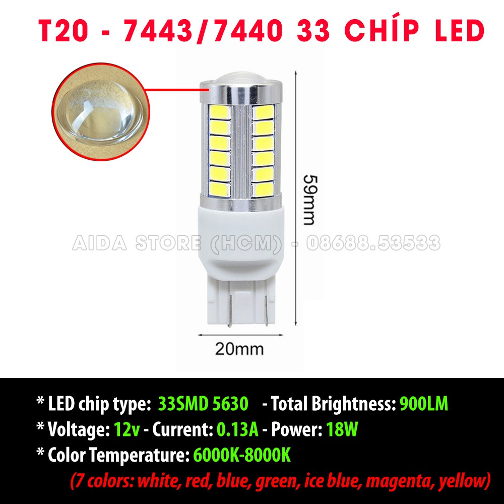 01 Bóng đèn phanh ô tô T20 7443 LED 33SMD thấu kính max sáng