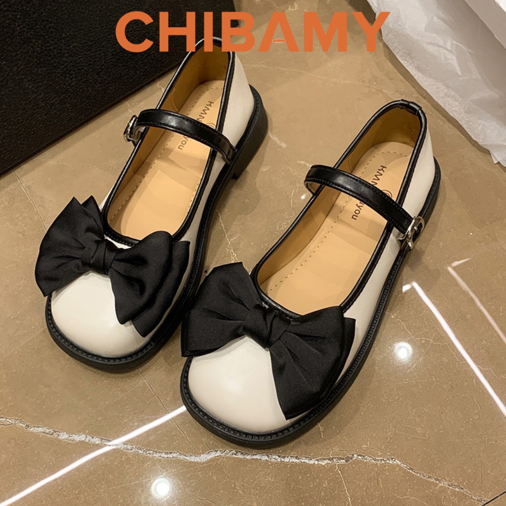 Giày búp bê nữ đính NƠ vải đế bằng 3cm, chất da mềm phong cách cổ điển