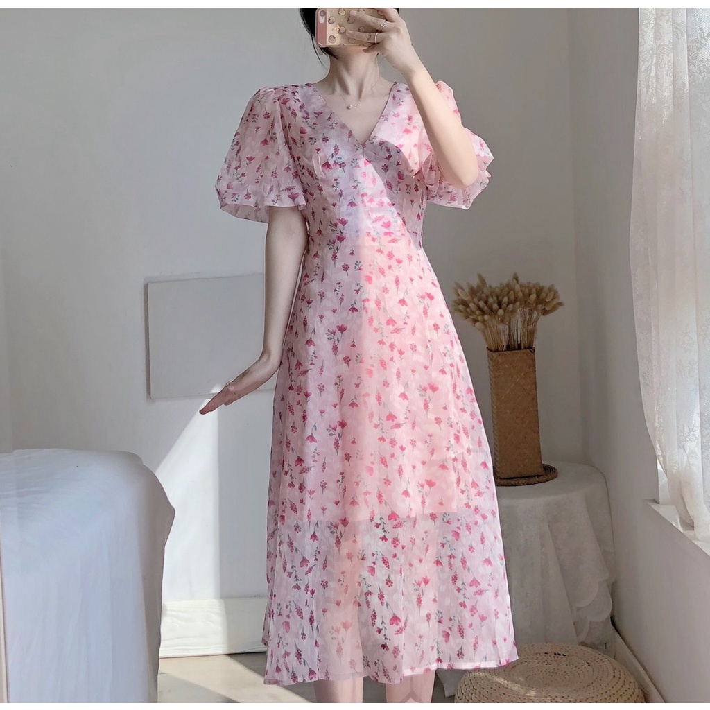 VÁY HOA NHÍ CỔ V TAY CÁNH TIÊN