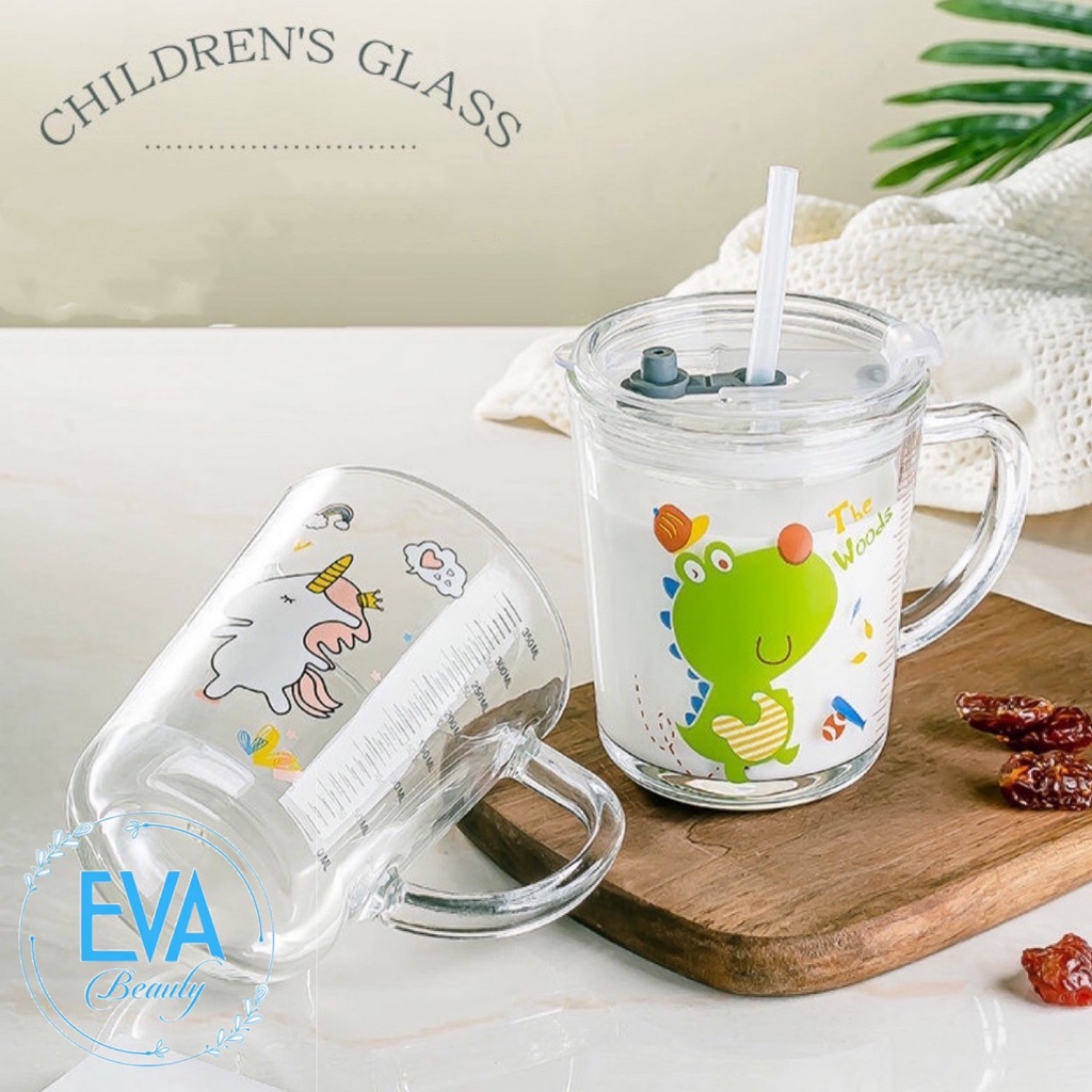 Ca Thuỷ Tinh Có Vạch Chia Ml / Cốc Thuỷ Tinh Chia Vạch Ml Lường nước Có Nắp Đậy Kèm Ống Hút Cho Bé M3518