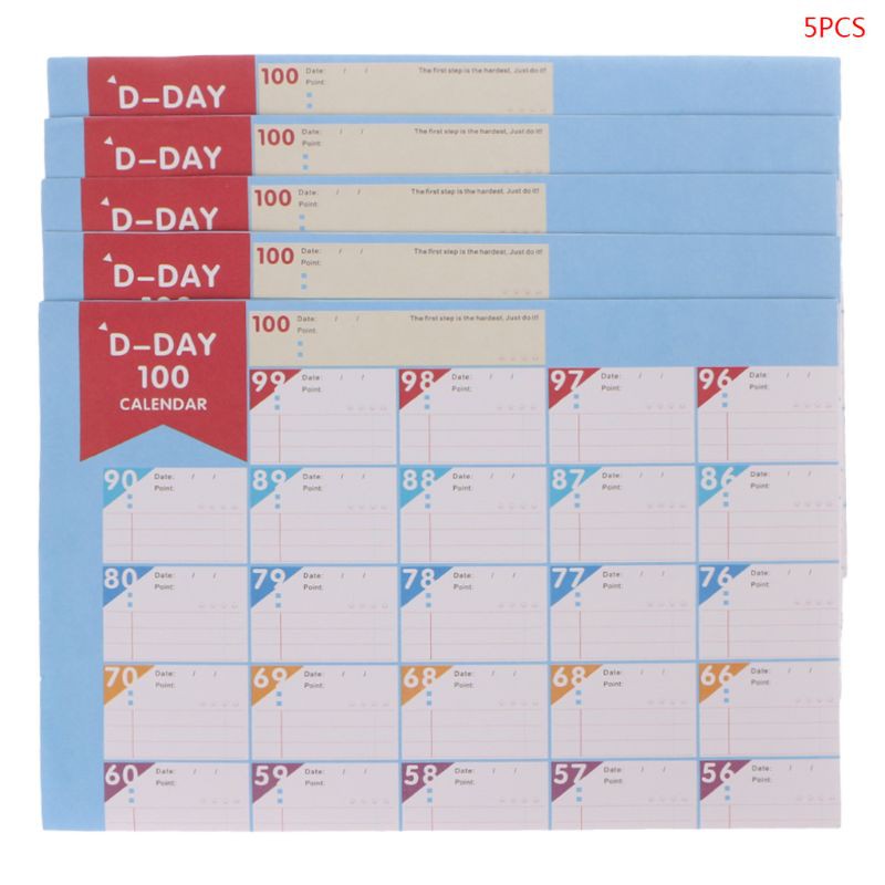 5Pcs 100 Days Countdown Calendar Schedule Learning Goals Work Planner Periodic