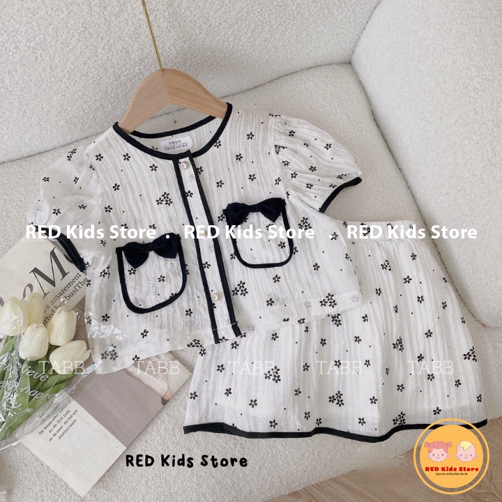 Set Váy Hoa Áo Cho Bé Gái Cách Điệu Túi Nơ Xinh Xắn, Chân Váy Chạy Viền Có Lớp Lót Trong Cực Điệu Đà