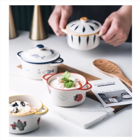 Bát chén gốm sứ họa tiết hình nồi nướng hấp bánh flan caramen cho bé ăn dặm có nắp đậy tay quai cầm đựng sốt chấm gia vị