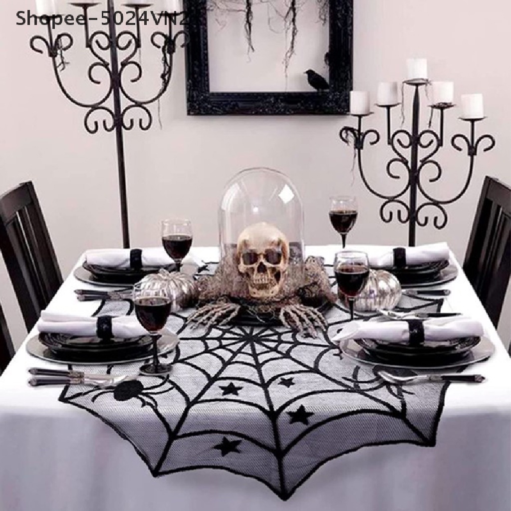 Khăn Trải Bàn Trang Trí Tiệc Halloween Hình Lưới Nhện Đầu Lâu Phối Ren Màu Đen