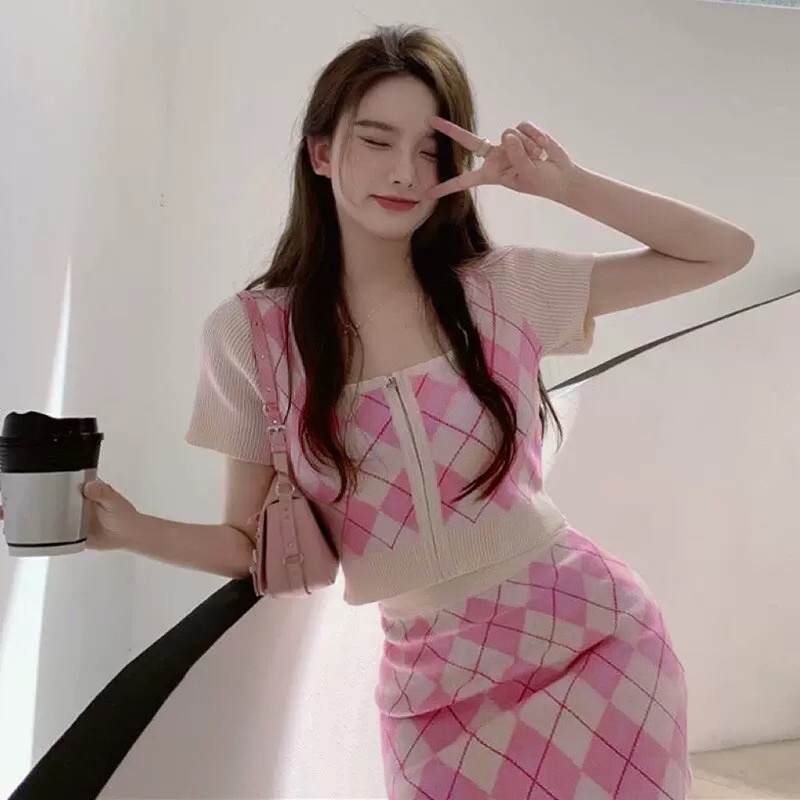 #23 Set bộ nữ len quảng châu chân váy ngắn ôm body áo croptop khoá kéo 2 món