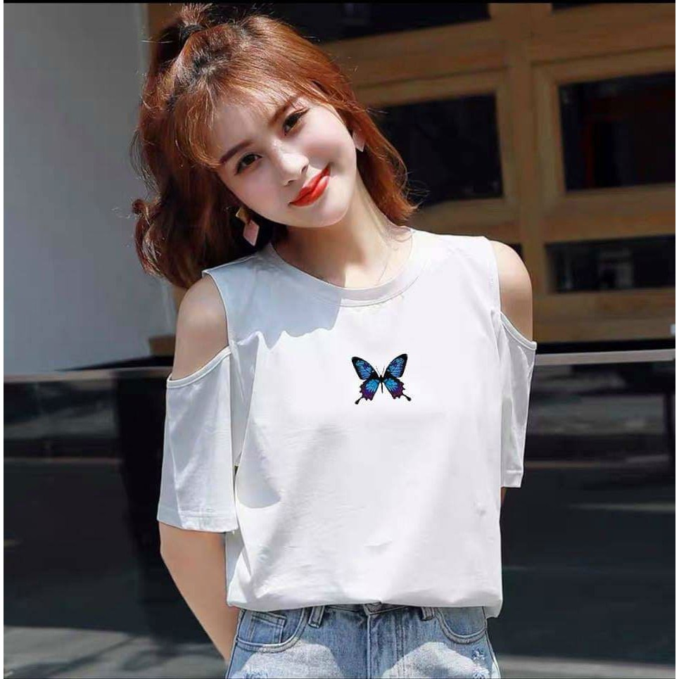 Áo croptop tay ngắn thêu bướm VIETCEN áo croptop kiểu hở vai chất thun mềm mát