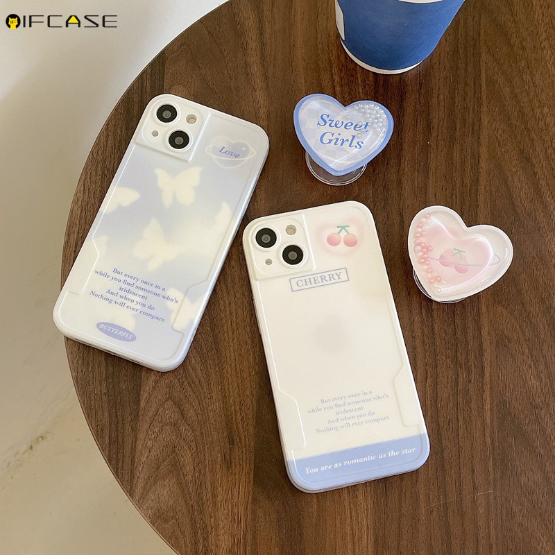Ốp Điện Thoại Dẻo Kèm Giá Đỡ Hình Trái Tim / Bươm Bướm Màu Trắng Dễ Thương Cho iPhone 13 12 11 Pro Max