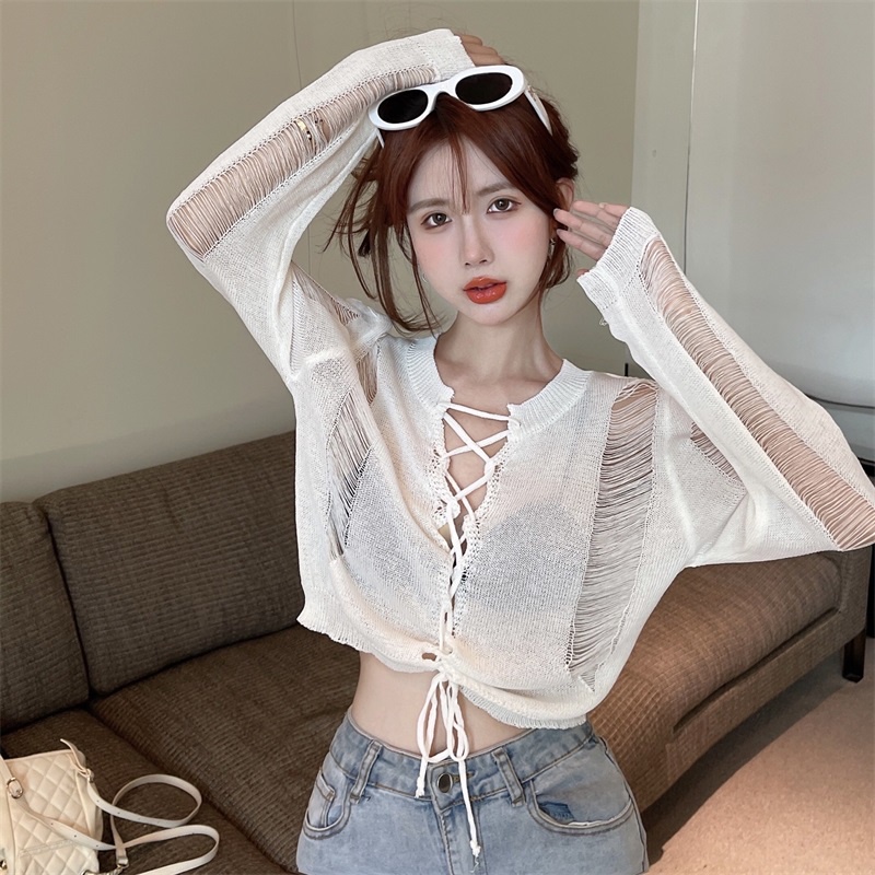 Porozi  Áo sweater dệt kim tay dài thiết kế rách phong cách Hàn Quốc thời trang cá tính cho nữ
