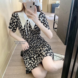 ĐẦM HOA CÚC BO THUN CỔ NHỌN