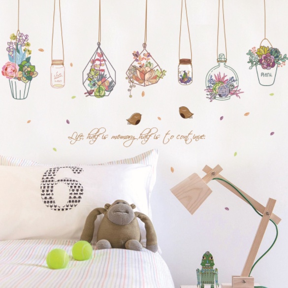 Decal dán tường giỏ hoa treo lãng mãn trang trí phòng ngủ, phòng khách, quán cà phê
