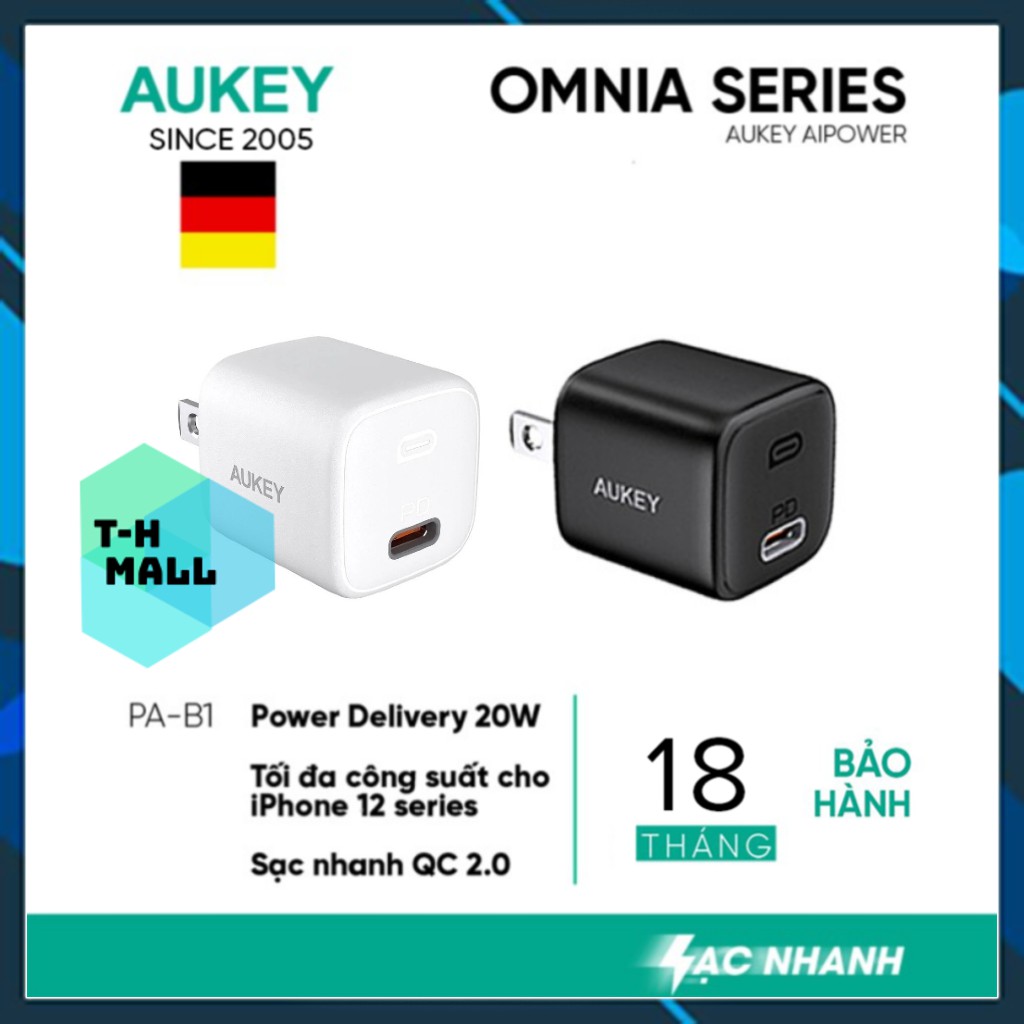 Cốc Sạc Nhanh 20W Omnia Aukey PA-B1, Sạc Nhanh 2 Trong 1 PD 20W + QC 18W-Hàng Chính Hãng