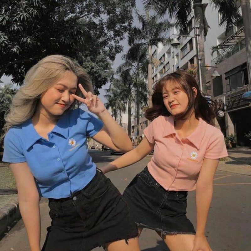 ÁO CROPTOP CỔ BẺ CÚC THẬT THÊU HOA CÚC - A3HC