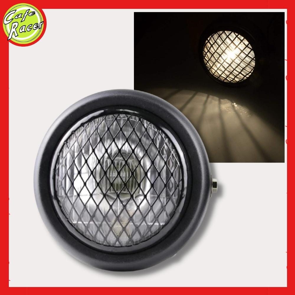 Đèn pha xe máy độ 6,5 icnh cho dòng xe classic gáo sắt sơn đen mặt kính thủy tinh sẵn lưới mắt cáo