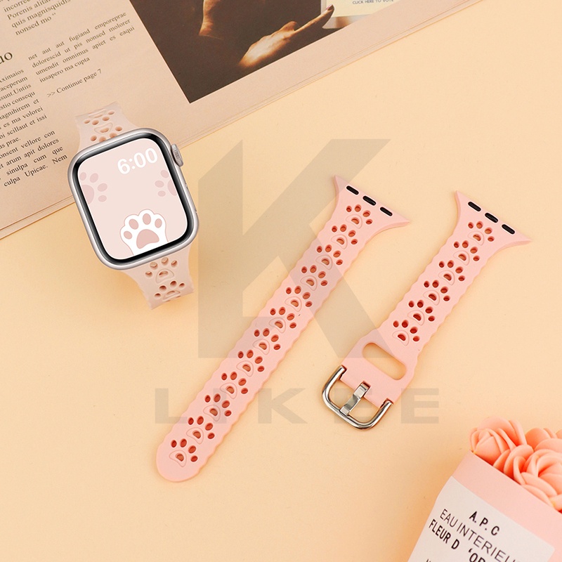 Dây Đeo Bằng Silicone Thoáng Khí Hình Chân Mèo Cho Đồng Hồ Apple 44mm 40mm 42mm 38mm iWatch Series 6 5 4 SE 7 45mm 41mm