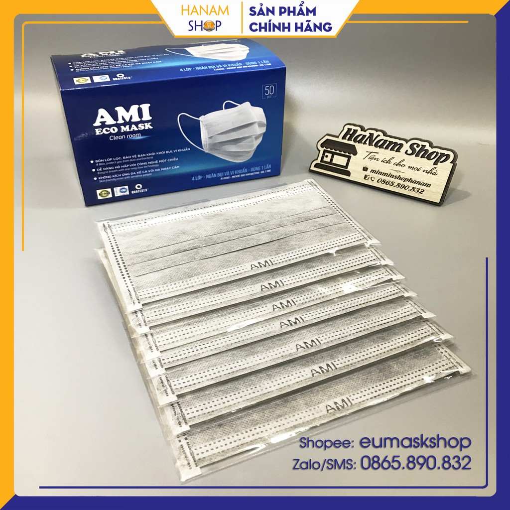 Khẩu trang y tế 4 lớp hộp 50 chiếc AMI (mỗi chiếc 1 túi đựng riêng)