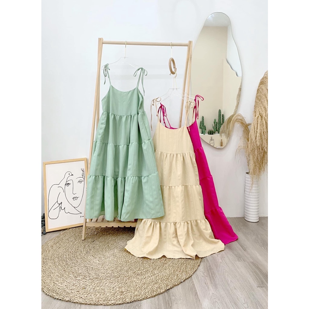 Váy hai dây đầm babydoll dáng dài xanh be hồng có dây điều chỉnh 2 lớp dày dặn không lộ KOZODA D63