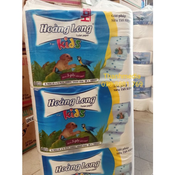 ( CHÍNH HÃNG) COMBO 6 cuộn giấy Hoàng Long kids ( ko lõi, cuộn to) dai sach trắng mịn