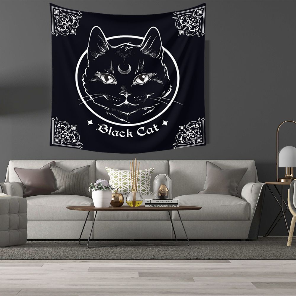 Thảm Treo Tường Trang Trí Họa Tiết Mèo Đen Độc Đáo 95*73cm