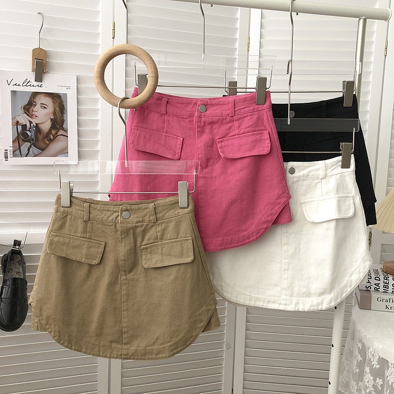 Jiashucheng Chân Váy Denim Kaki Lưng Cao Dáng Ngắn Chống Chói Dễ Phối Đồ