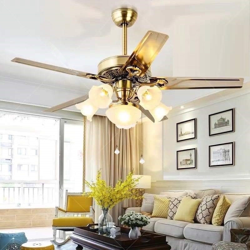 Quạt trần đèn trang trí 5 cánh tân cổ siêu mát,động cơ DC đảo chiều,điều khiển từ xa 6 số,3 màu sáng