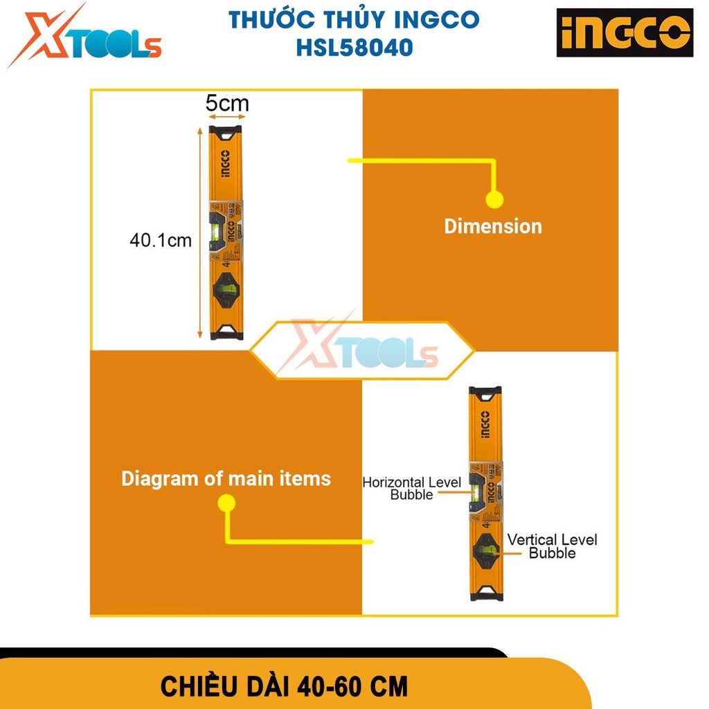 Thước thủy Ingco làm bằng nhôm, Chiều dài 400mm-600mm, dùng để đo đạc độ nghiêng, góc nghiêng [CHÍNH HÃNG][XTOOLS]