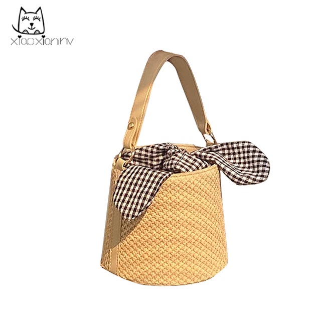 Túi Đeo Vai Bằng Rơm Đan Đính Nơ Họa Tiết Kẻ Ô Thời Trang 2022 Dành Cho Nữ