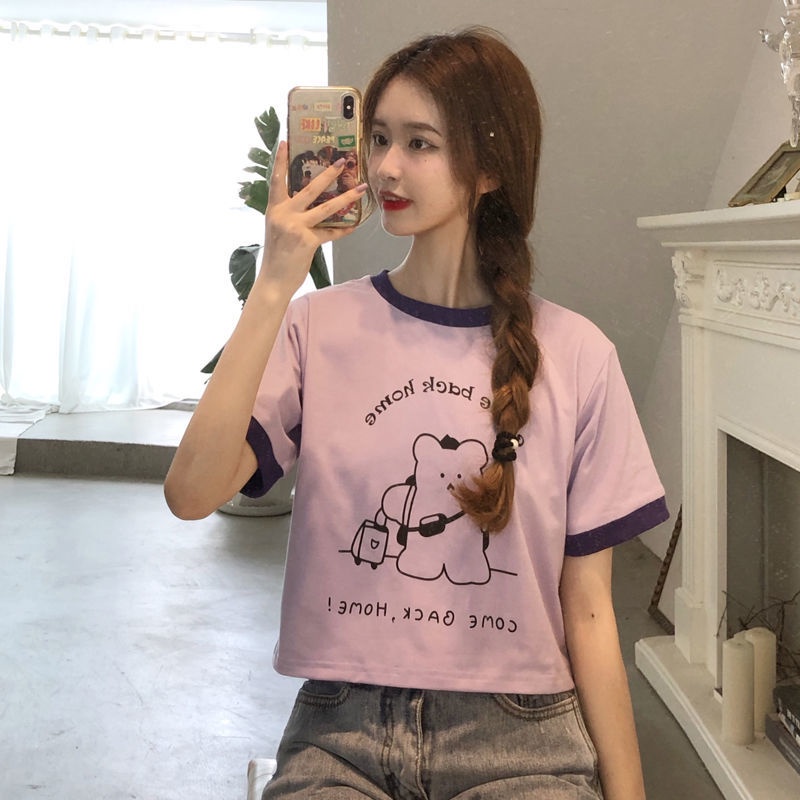 Áo Thun Tay Ngắn Cổ Tròn In Hình Gấu Dễ Thương Phong Cách Hàn Quốc Thời Trang Mùa Hè Cho Bạn Gái