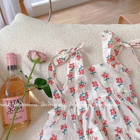 Đầm Hai Dây Họa Tiết Hoa Thời Trang Mùa Hè Hàn Quốc Cho Bé Gái