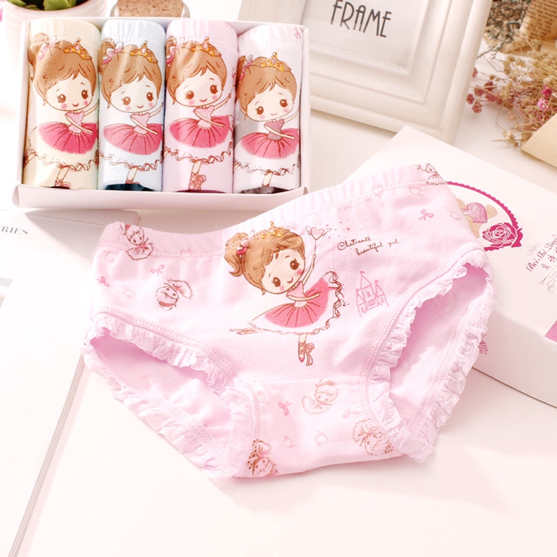 Set 4 Quần Lót Cotton Mềm Mại Thoáng Khí Co Giãn Tốt In Họa Tiết Hoạt Hình Cho Bé Gái