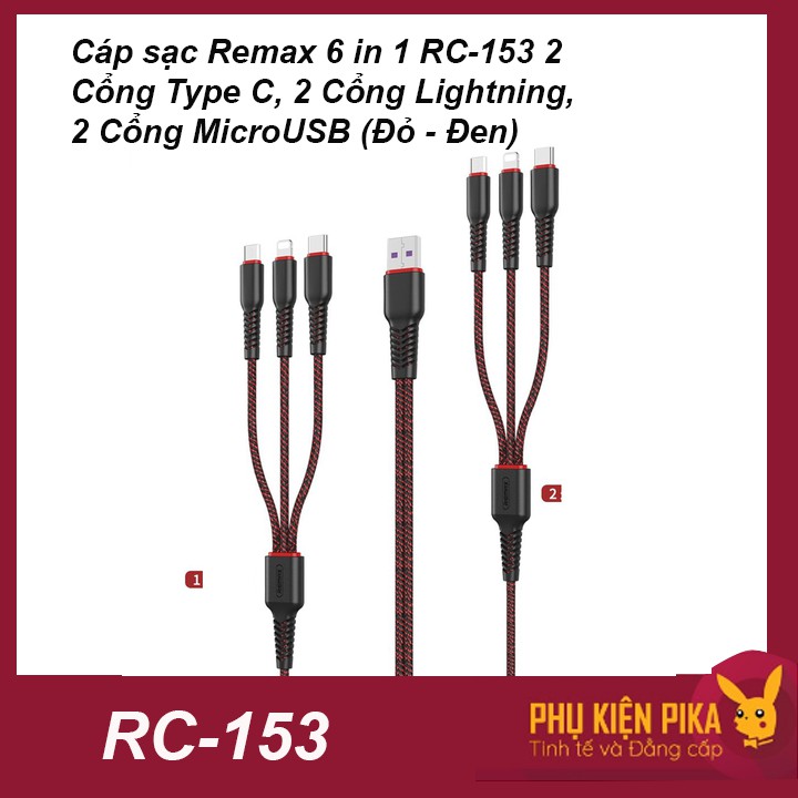 Cáp sạc Remax 6 in 1 RC-153 2 Cổng Type C, 2 Cổng Lightning, 2 Cổng MicroUSB Đỏ - Đen