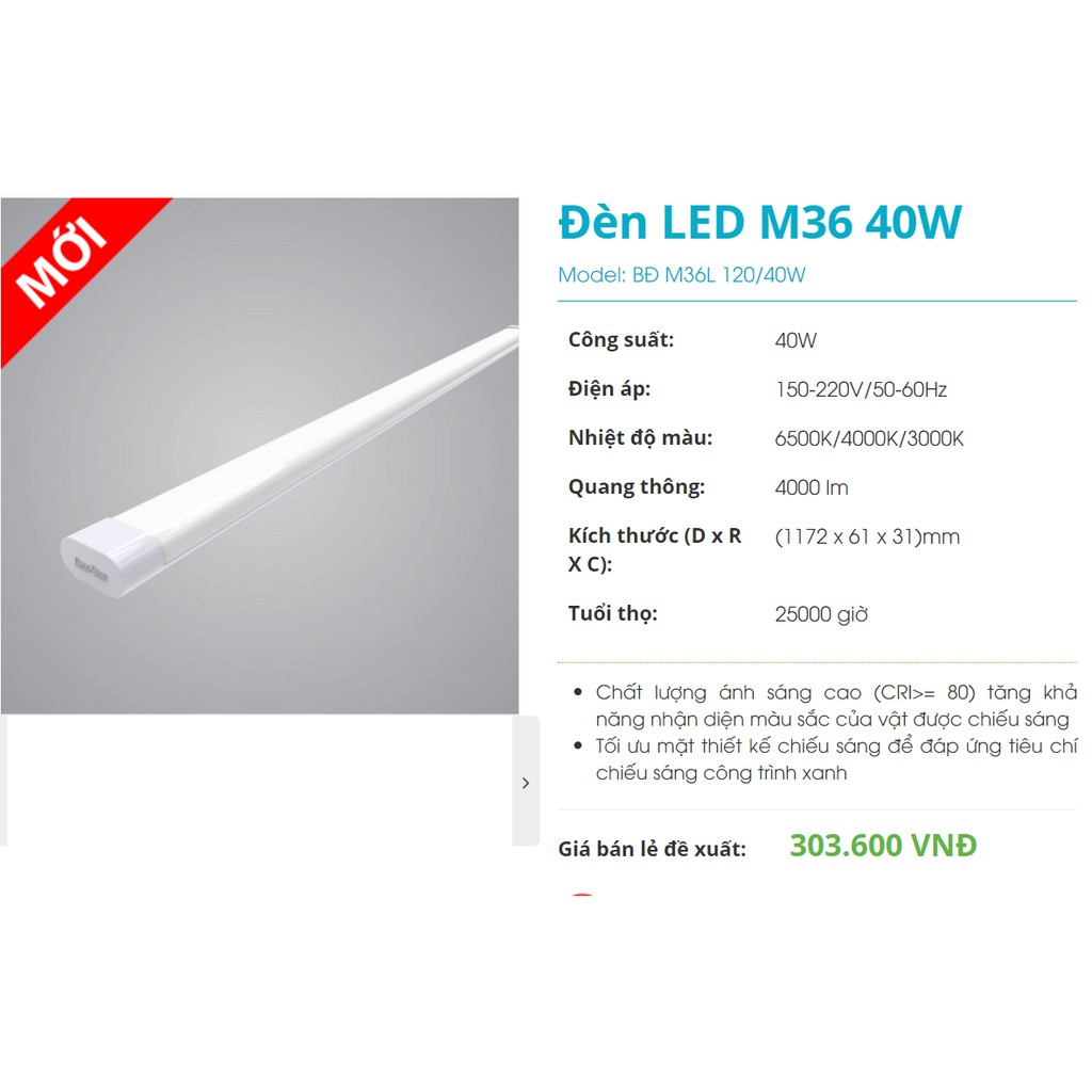 Bộ đèn bán nguyệt LED Rạng Đông 40W 1,2 m CHÍNH HÃNG