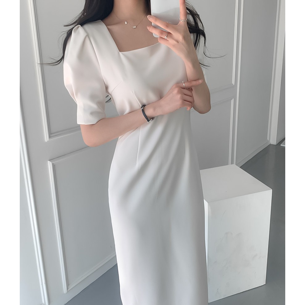 Đầm Dài Nữ Dáng Suông Hàn Quốc Đầm Trắng Trơn Tay Phồng Cao Cấp Váy Công Sở Xẻ Giữa Đi Tiệc Thanh Lịch Sang Trọng Rẻ Đẹp