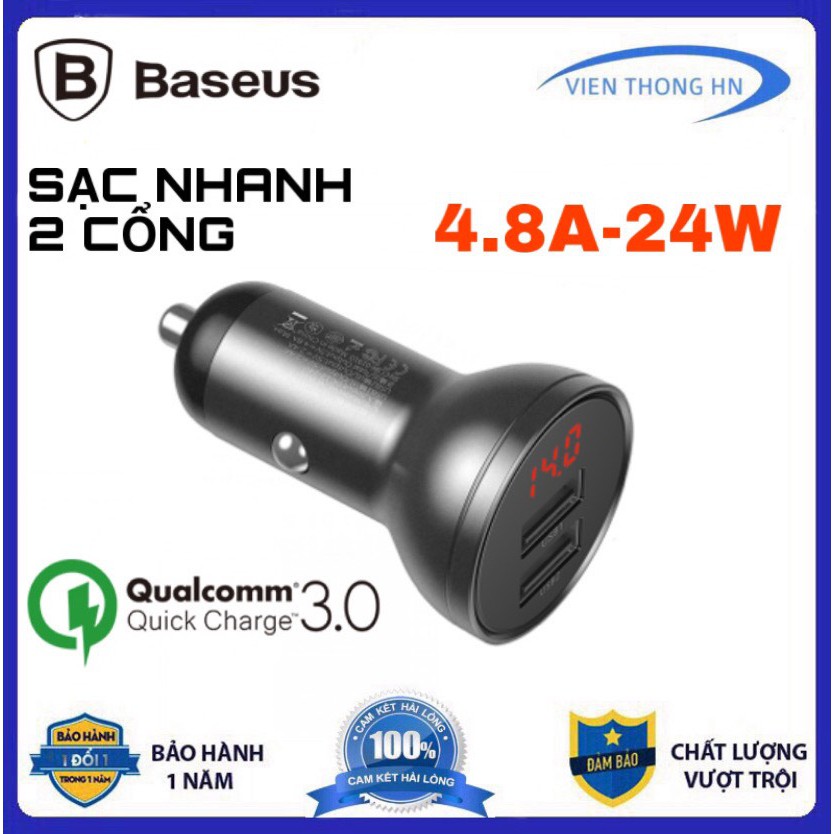 Tẩu sạc ô tô 2 cổng usb baseus dual có đèn led hiển thị dòng điện oto xe hơi - vienthonghn